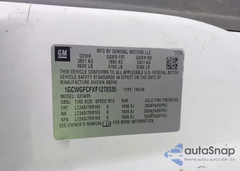 2015 Chevrolet Express 2500 Work Van z USA, uszkodzony, nr VIN 1GCWGFCFXF1278335